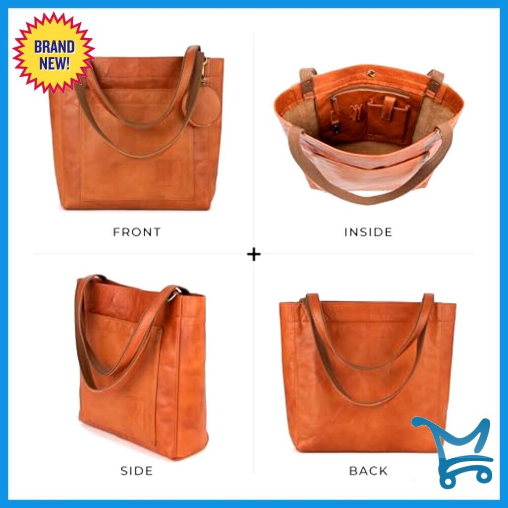 Large Genuine Leather Tote Bag with Detachable Pouch and Magnetic Closure - Picture 6 of 7